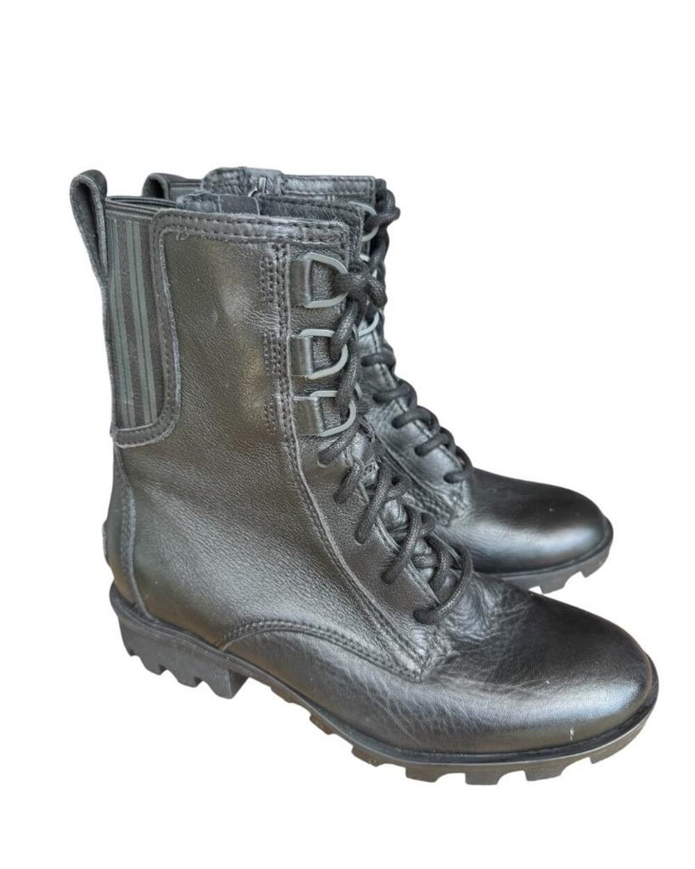 Sorel Phoenix Lace Up Combat Moto Boot Black Leather Women size 7.5
